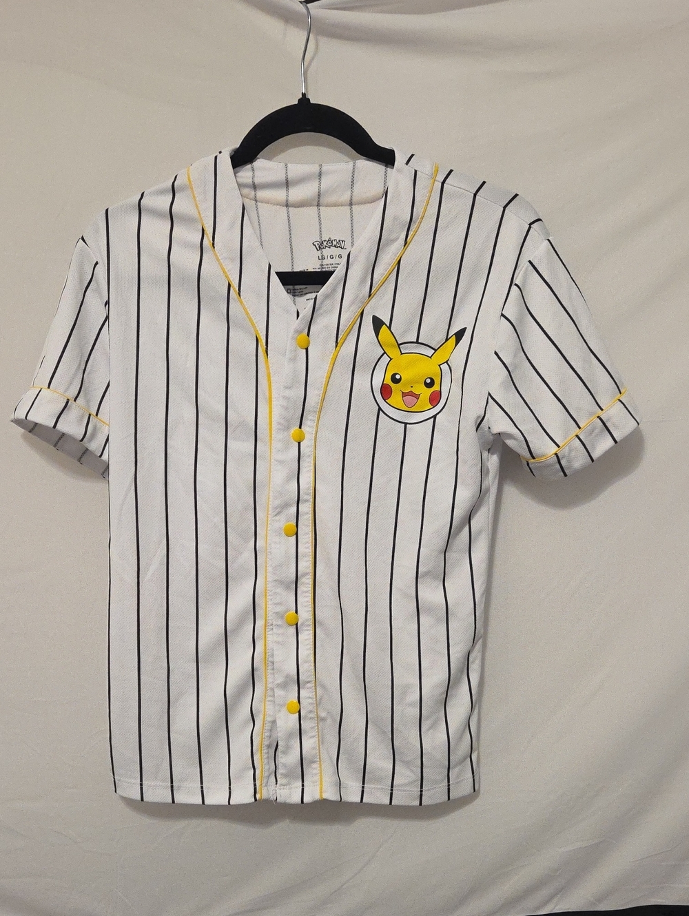 Pokemon White Pinstripe Baseball Jersey with Yellow Pikachu Accents
